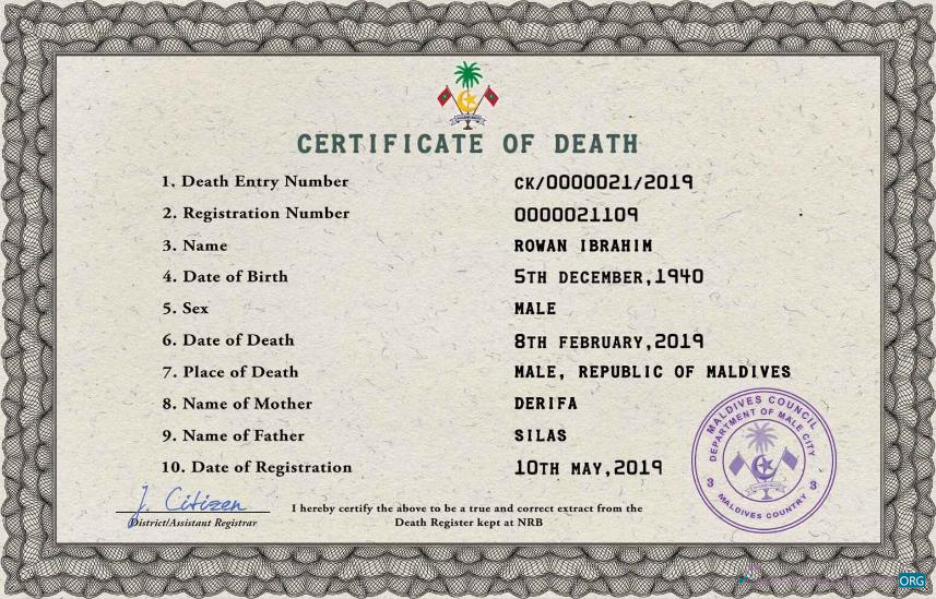 Download Maldives vital record death certificate PSD template Photoshop template